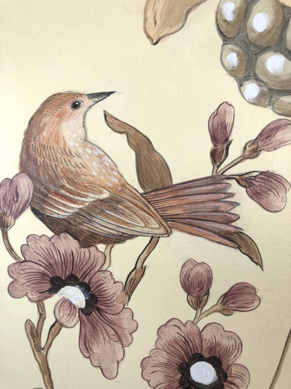 A painting of a bird sitting on a flower.