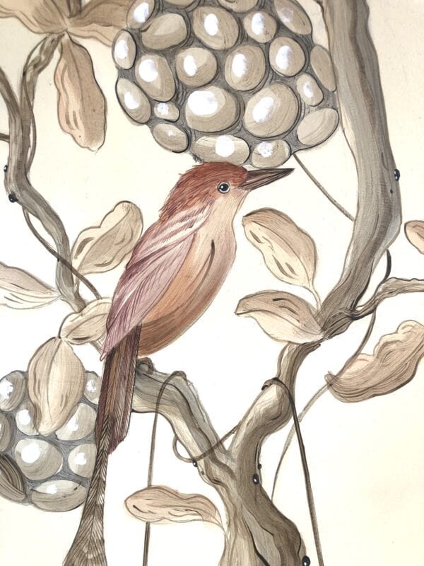 A painting of a bird perched on a branch.