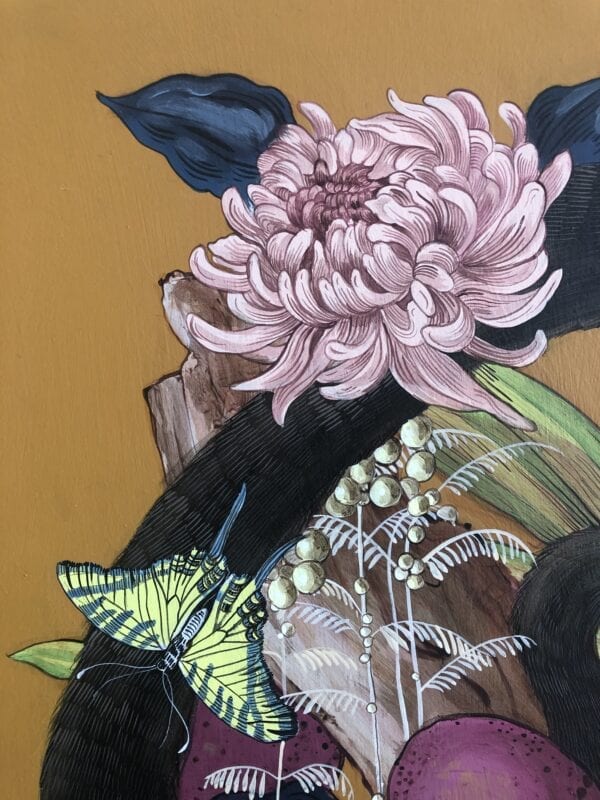 A "Monkey Business" Chinoiserie chic monkey painting featuring a flower and a butterfly on a yellow background.