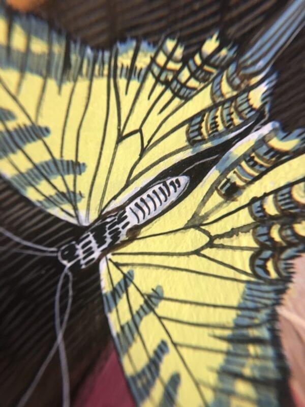A close up of a yellow and black butterfly in a "Monkey Business" Chinoiserie Chic Monkey Painting setting.