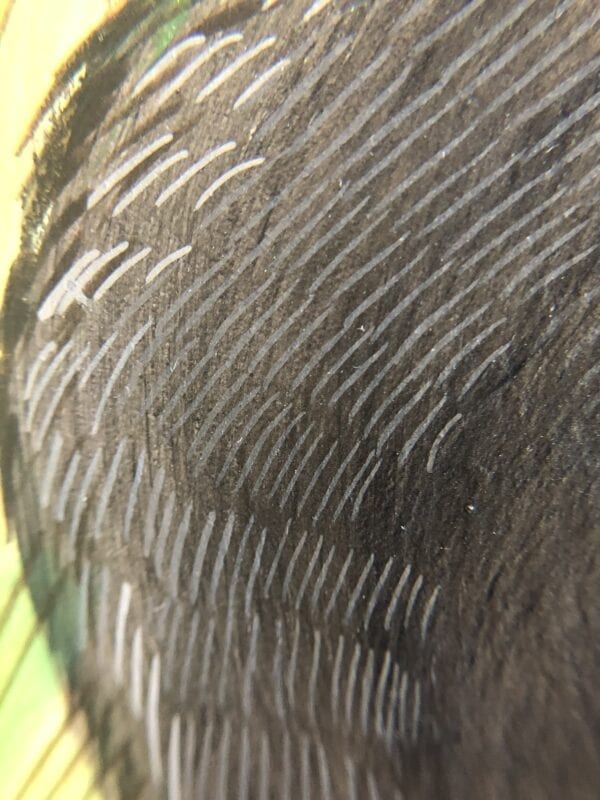 A close up of a bird's feathers with a touch of "Monkey Business" Chinoiserie Chic Monkey Painting.
