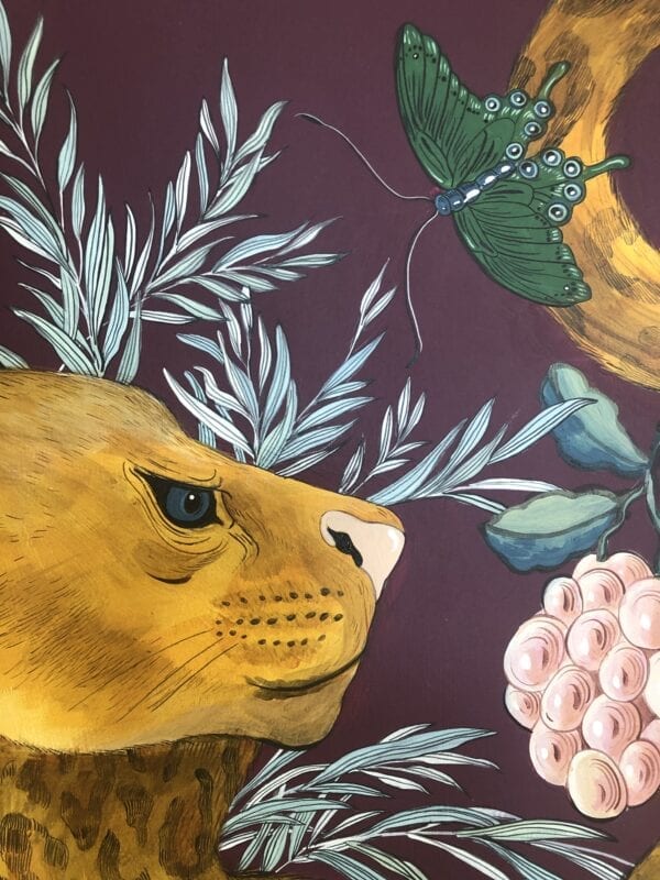 A modern Chinoiserie art by Allison Cosmos featuring the "Spot On" Leopard Painting Big Cat Art, gracefully accompanied by fluttering butterflies on a wall.