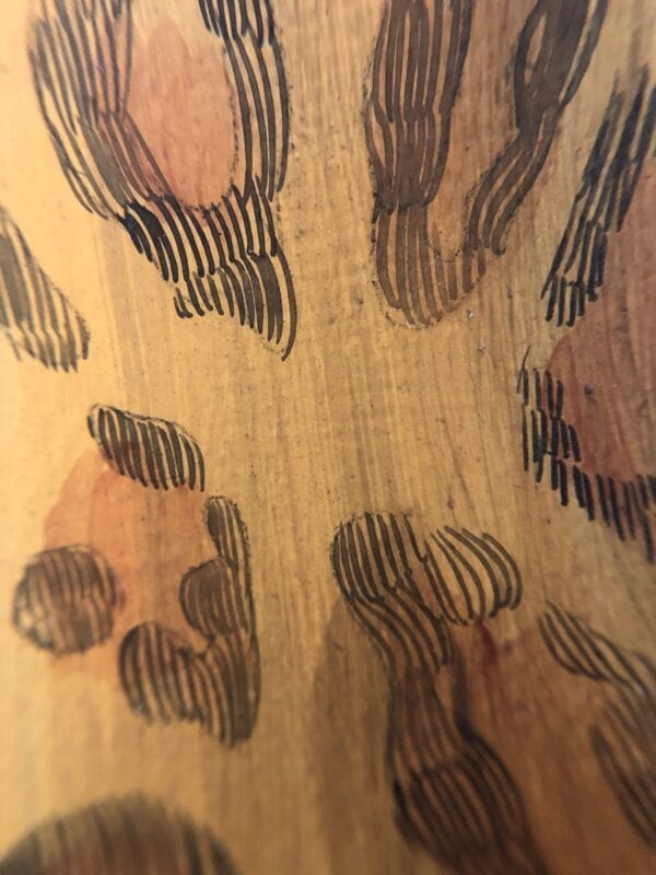 A close up of a piece of wood with the "Spot On", Leopard Painting Big Cat Art by Allison Cosmos.