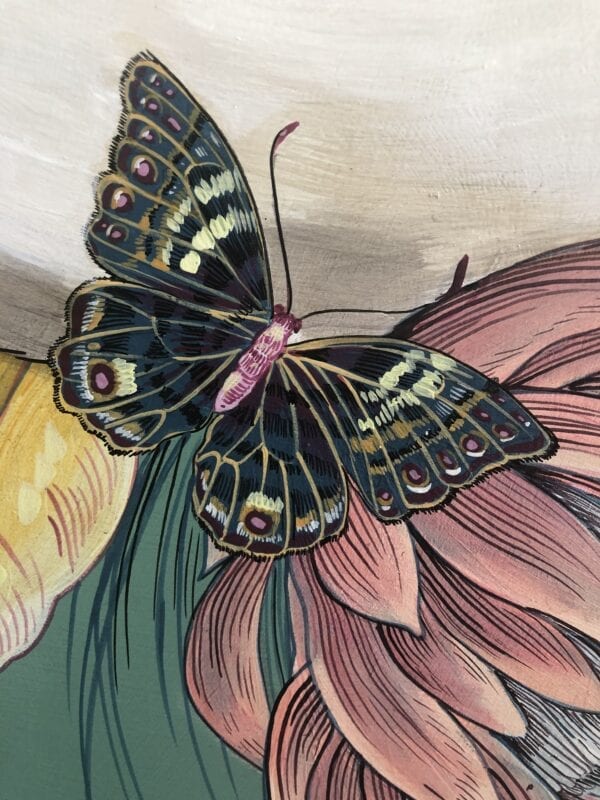 The Mane Event", Chinoiserie Chic Zebra Painting of a butterfly on a flower.