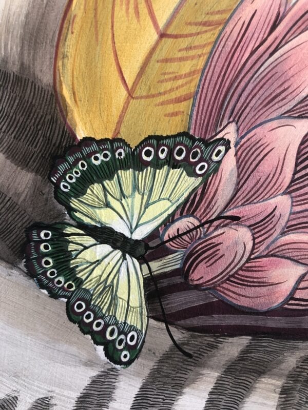 A drawing of a butterfly resting on a flower, with a touch of "The Mane Event", Chinoiserie Chic Zebra Painting elegance.