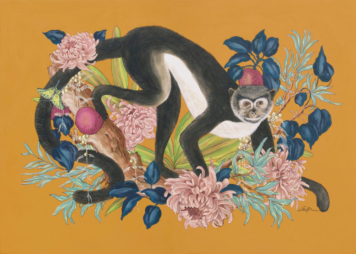 "Monkey Business" Modern Chinoiserie chic Art, Monkey Painting by Allison Cosmos