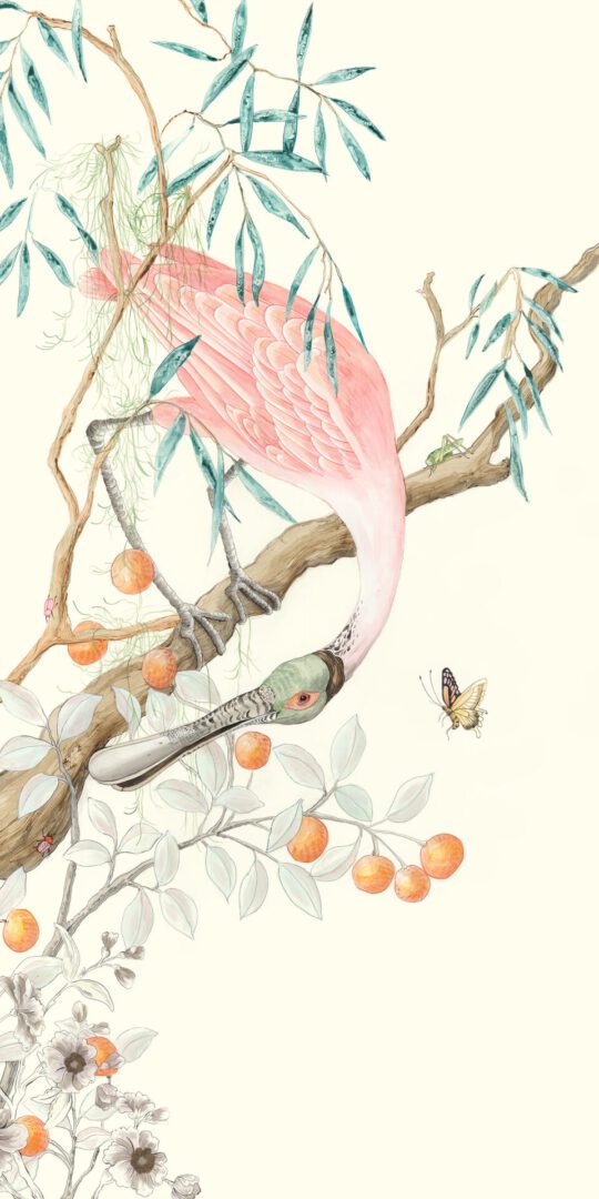 "I-Pink-I-Love-You"-Spoonbill-painting,-Chinoiserie-art-by-Allison-Cosmos