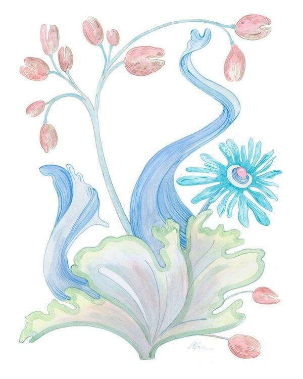 A watercolor painting of a flower with blue and pink flowers.