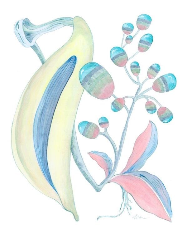 A watercolor painting of a banana and berries.