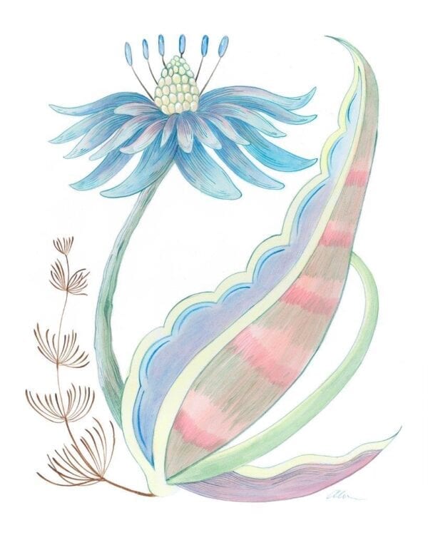 A watercolor painting of a blue flower and leaves.