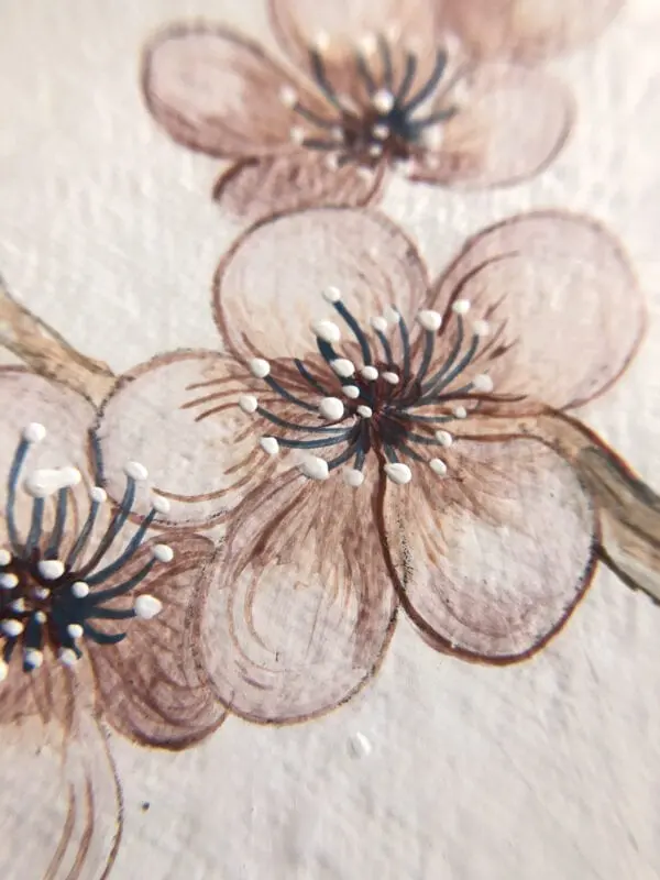 A close up of a watercolor painting of cherry blossoms.