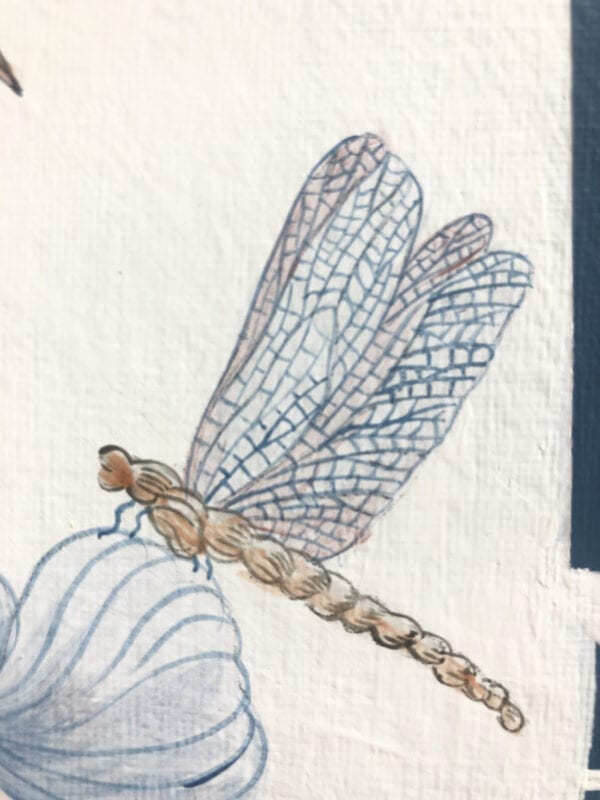 A painting of a dragonfly perched on a flower.