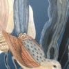 A stunning "Look No Feather" Chinoiserie Bird Painting with intricate feather details, set against a captivating blue background.