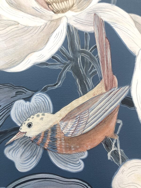 A "Look No Feather" Chinoiserie bird painting with exquisite feather details perched gracefully on a delicate flower.