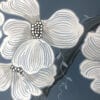 A "Look No Feather" Chinoiserie Bird Painting of white flowers on a blue wall.