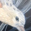 A "Look No Feather" Chinoiserie bird painting on a piece of wood, featuring feathers.