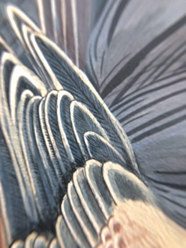 A close up of the "Look No Feather" Chinoiserie Bird Painting.