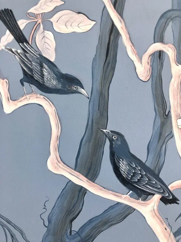 A "Swan and Only" Blue and White Forever Chinoiserie painting of two black birds perched on a branch.