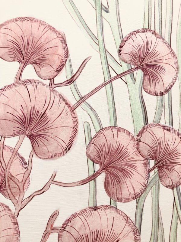 A drawing of pink flowers on a white background with a hint of "Coral Reef" triptych, coastal art underwater painting influence.