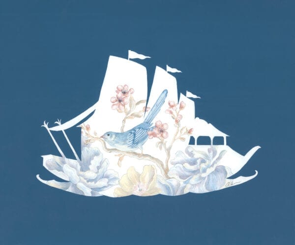 A paper cut out of a ship with flowers and birds on it.