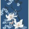 A painting of a Chinese magnolia tree and birds on a blue background, featuring exquisite feathered subjects in the "Look No Feather" Chinoiserie Bird Painting style.