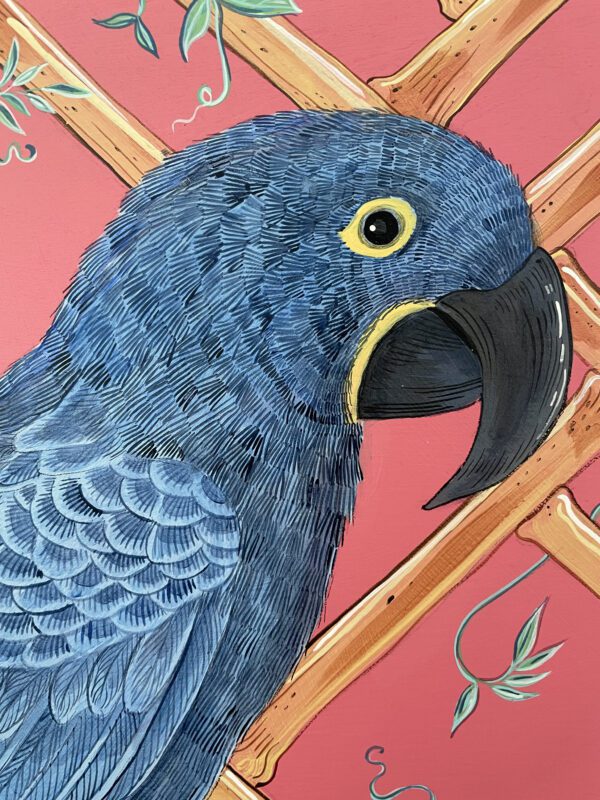 A "Punch Punk Love" palm cockatoo painting on a blue background.