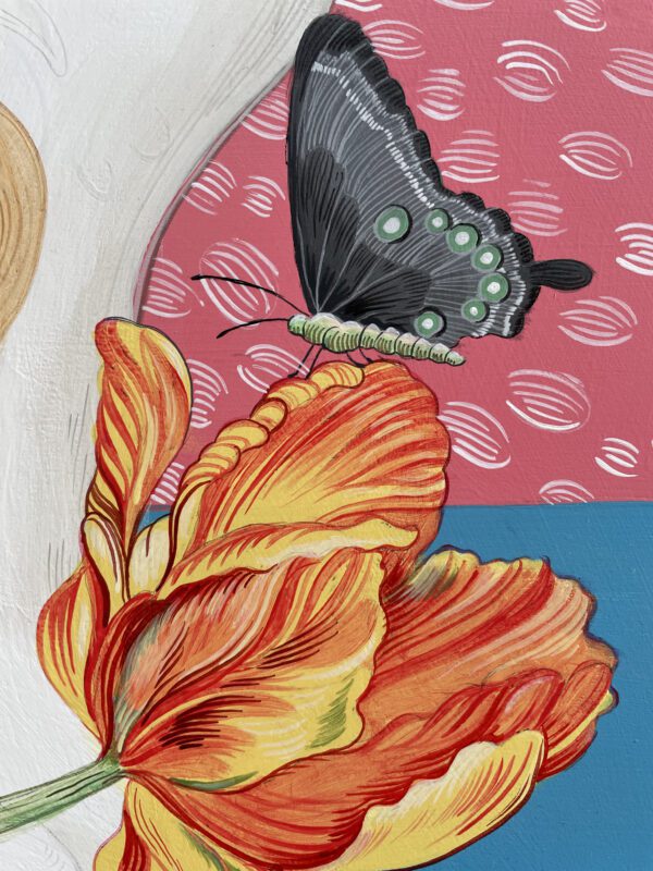 yellow-red-striped-tulip-painting-black-butterfly