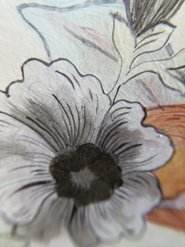 A close up of an "I Pink I Love You" pink flamingo Chinoiserie print flower.