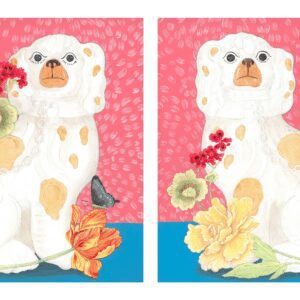 A pair of "Smitten Pretty" Chinoiserie Staffordshire dogs paintings with flowers in their mouths.