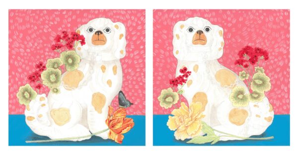 A pair of "Smitten Pretty" Chinoiserie Staffordshire dogs paintings with flowers in their mouths.