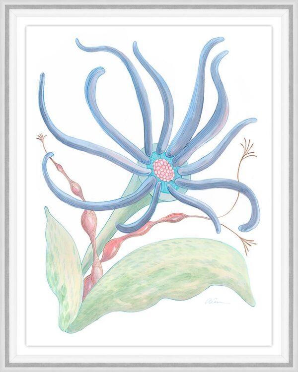A "Squid Pro Quo" Anemone Seaweed Coastal Art painting of a blue flower.