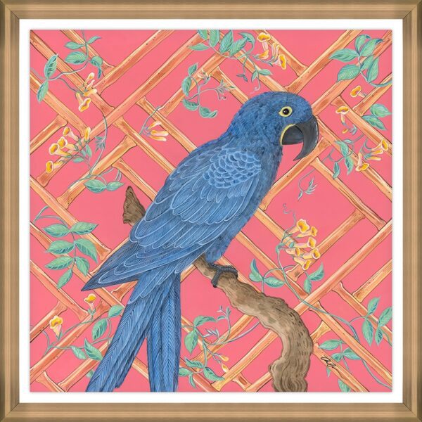 A painting of a "Vine and Dandy" Hyacinth Macaw parrot art print on a pink background.