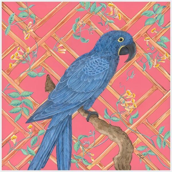 A painting of the "Vine and Dandy" Hyacinth Macaw parrot art print on a pink background.