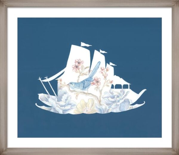 A Blue and White "We're All in the Same Boat"  Chinoiserie framed art print with a bird on a boat.