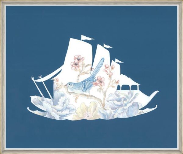 A "We're All in the Same Boat" Chinoiserie boat painting adorned with flowers and birds.