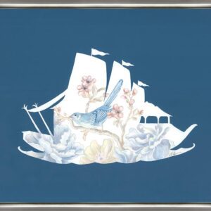 A "We're All in the Same Boat" Chinoiserie boat painting with flowers in a blue frame.