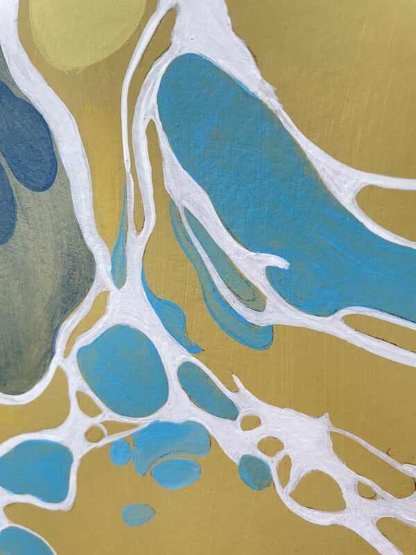 An abstract painting with blue and yellow colors.