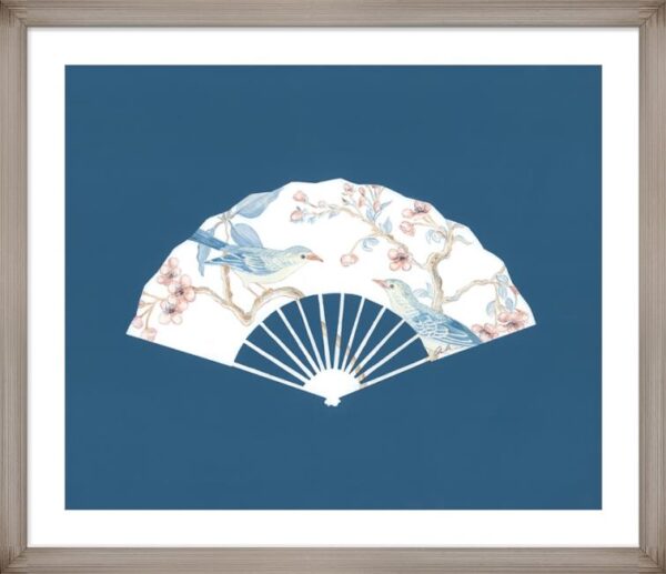 A "I'm Your Biggest Fan" Blue and White Chinoiserie framed print with bird silhouettes on it.