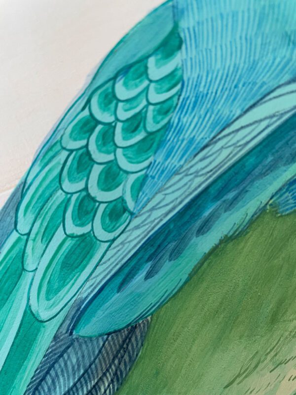 A drawing of a blue bird with green feathers.
