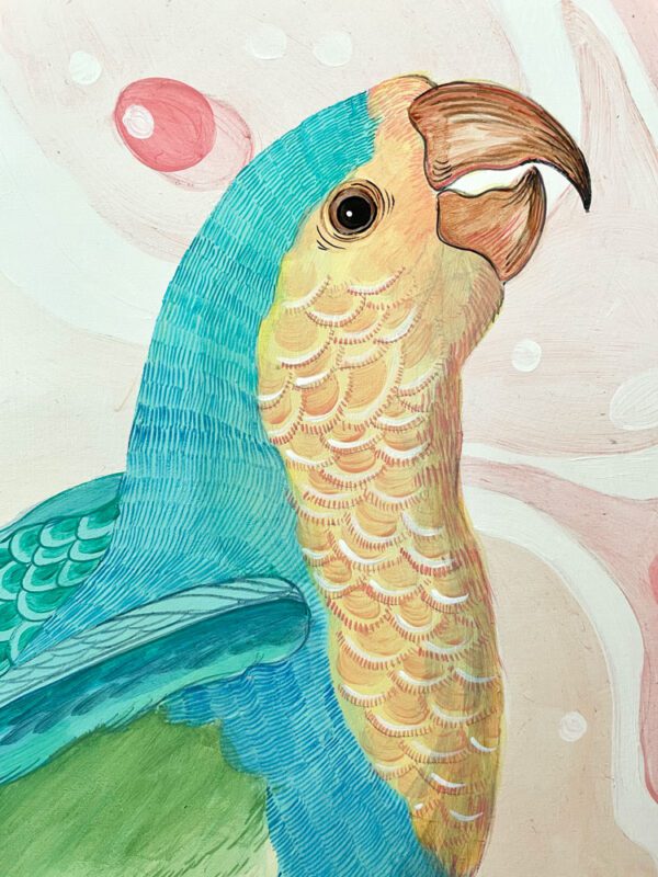 Feather Let Me Go" parrot painting art is a stunning parrot painting that elegantly captures the vibrant shades of blue and yellow in a mesmerizing artwork.