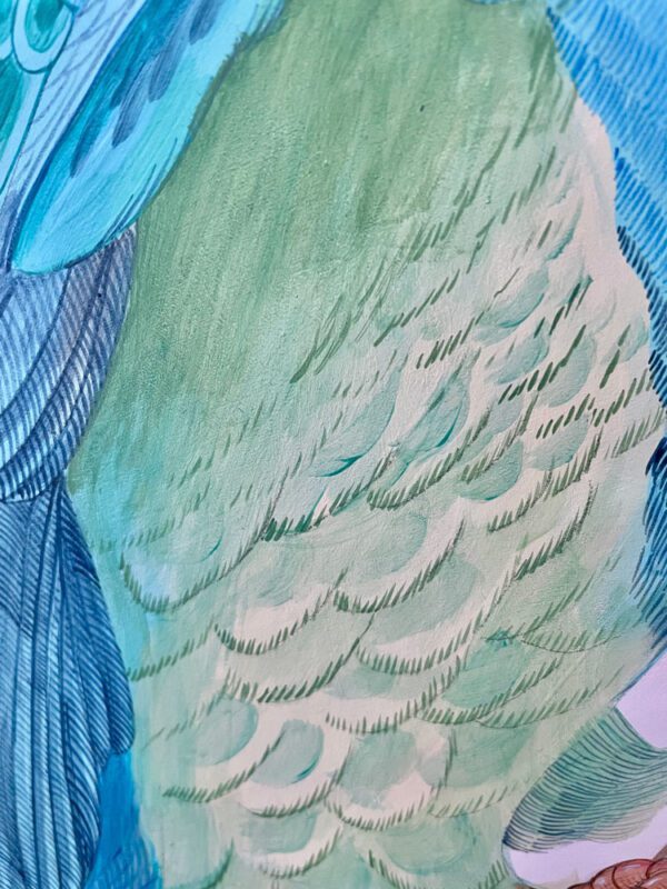 A "Feather Let Me Go" parrot painting art with blue feathers.