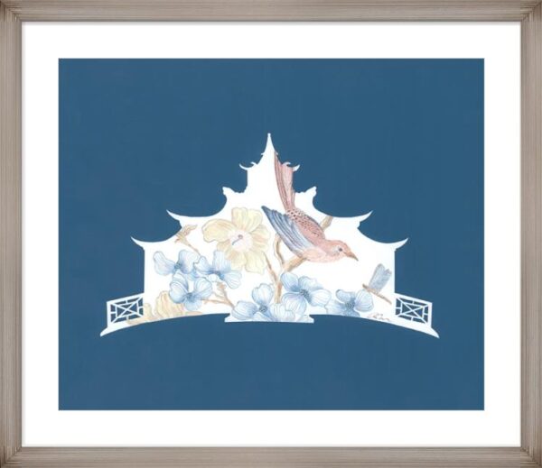 A framed print of a bird on a blue and white "East, West, Home is the Best" pagoda Chinoiserie background.