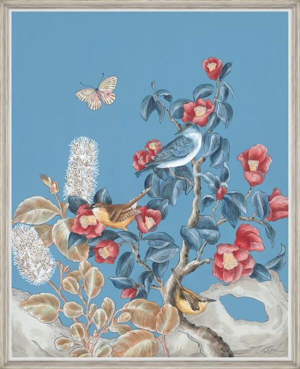 A "Blue and Far Between" Chinoiserie-inspired bird art print featuring birds and flowers on a blue background.