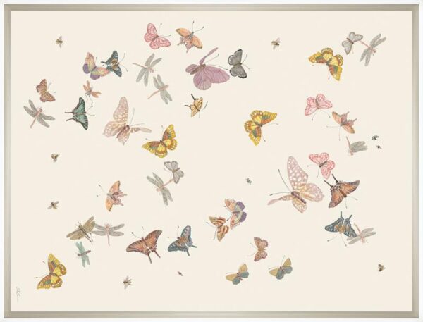 A "Daydream" Chinoiserie butterfly print in a beige frame.