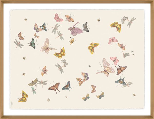 A "Daydream" Chinoiserie-themed print of butterflies in a beige frame.