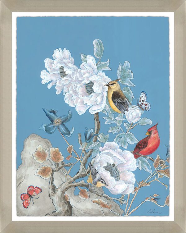 A "Dream Come Blue" Chinoiserie Bird art print featuring birds and flowers on a blue background.