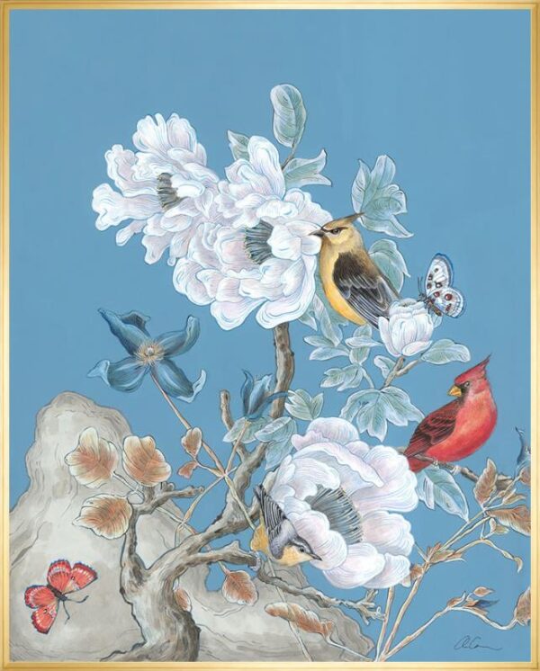 A 'Dream Come Blue' Chinoiserie Bird art print featuring birds and flowers.