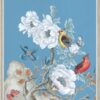 A "Dream Come Blue" Chinoiserie bird art print featuring birds and flowers on a blue background.