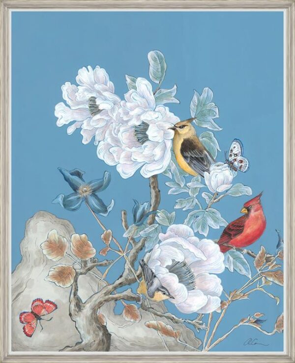 A "Dream Come Blue" Chinoiserie bird art print featuring birds and flowers on a blue background.