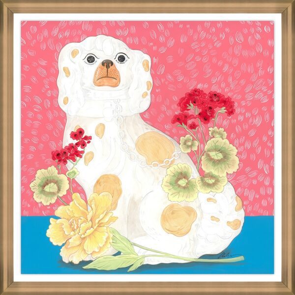 A "Smitten Pretty" II Chinoiserie Staffordshire dog print featuring a white dog with flowers on a pink background.